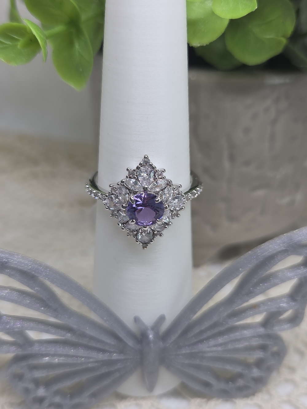 BP Lavender Quartz CZ Halo Ring On Rhodium Plating